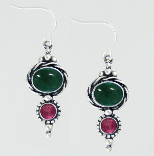 Sterling Silver Drop Dangle Earrings With Fluorite And Pink Tourmaline